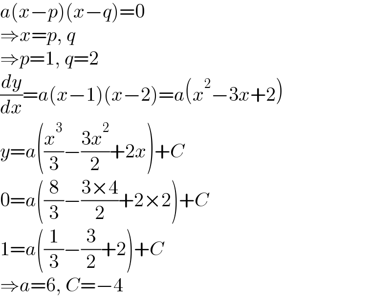 a(x−p)(x−q)=0  ⇒x=p, q  ⇒p=1, q=2  (dy/dx)=a(x−1)(x−2)=a(x^2 −3x+2)  y=a((x^3 /3)−((3x^2 )/2)+2x)+C  0=a((8/3)−((3×4)/2)+2×2)+C  1=a((1/3)−(3/2)+2)+C  ⇒a=6, C=−4  