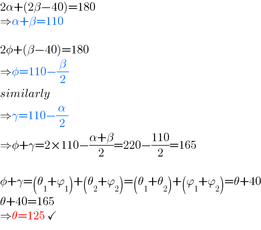 2α+(2β−40)=180  ⇒α+β=110    2φ+(β−40)=180  ⇒φ=110−(β/2)  similarly  ⇒γ=110−(α/2)  ⇒φ+γ=2×110−((α+β)/2)=220−((110)/2)=165    φ+γ=(θ_1 +ϕ_1 )+(θ_2 +ϕ_2 )=(θ_1 +θ_2 )+(ϕ_1 +ϕ_2 )=θ+40  θ+40=165  ⇒θ=125 ✓  