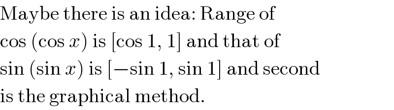 Maybe there is an idea: Range of  cos (cos x) is [cos 1, 1] and that of  sin (sin x) is [−sin 1, sin 1] and second  is the graphical method.  