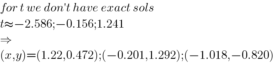 for t we don′t have exact sols  t≈−2.586;−0.156;1.241  ⇒  (x,y)=(1.22,0.472);(−0.201,1.292);(−1.018,−0.820)  