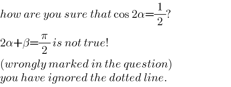 how are you sure that cos 2α=(1/2)?  2α+β=(π/2) is not true!  (wrongly marked in the question)  you have ignored the dotted line.  