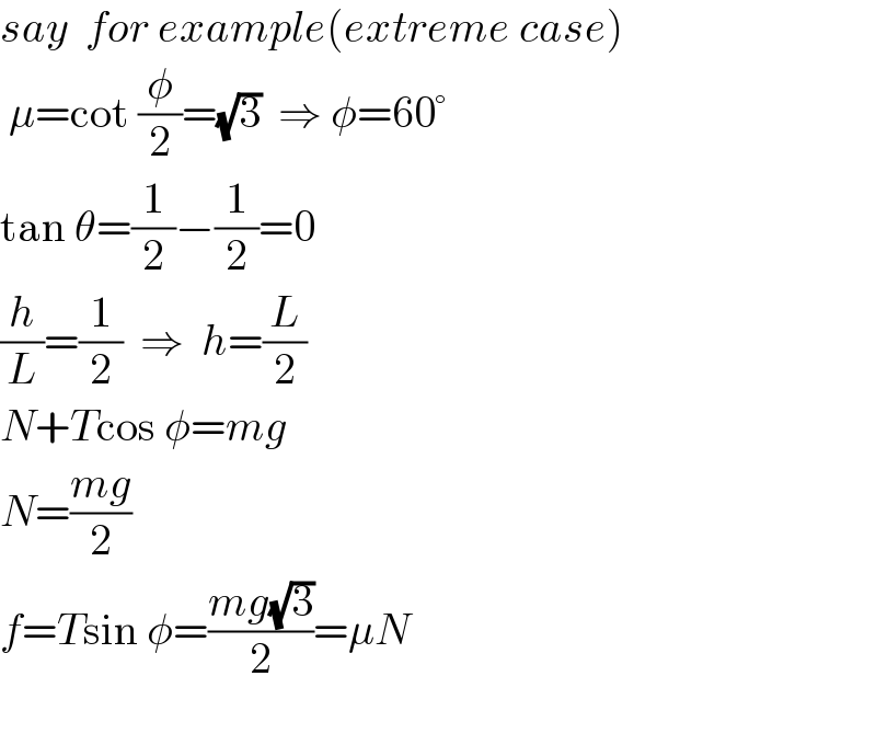 say  for example(extreme case)   μ=cot (φ/2)=(√3)  ⇒ φ=60°  tan θ=(1/2)−(1/2)=0  (h/L)=(1/2)  ⇒  h=(L/2)  N+Tcos φ=mg  N=((mg)/2)  f=Tsin φ=((mg(√3))/2)=μN    