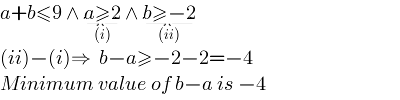 a+b≤9 ∧ a≥2_((i))  ∧ b≥−2_((ii))   (ii)−(i)⇒  b−a≥−2−2=−4  Minimum value of b−a is −4  