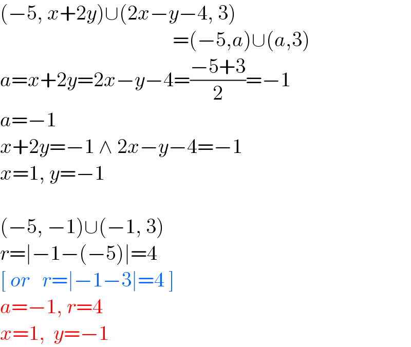 (−5, x+2y)∪(2x−y−4, 3)                                            =(−5,a)∪(a,3)  a=x+2y=2x−y−4=((−5+3)/2)=−1  a=−1  x+2y=−1 ∧ 2x−y−4=−1  x=1, y=−1    (−5, −1)∪(−1, 3)  r=∣−1−(−5)∣=4  [ or   r=∣−1−3∣=4 ]  a=−1, r=4  x=1,  y=−1  