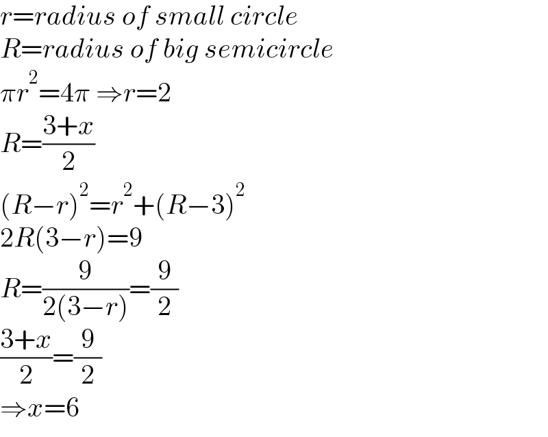 r=radius of small circle  R=radius of big semicircle  πr^2 =4π ⇒r=2  R=((3+x)/2)  (R−r)^2 =r^2 +(R−3)^2   2R(3−r)=9  R=(9/(2(3−r)))=(9/2)  ((3+x)/2)=(9/2)  ⇒x=6  
