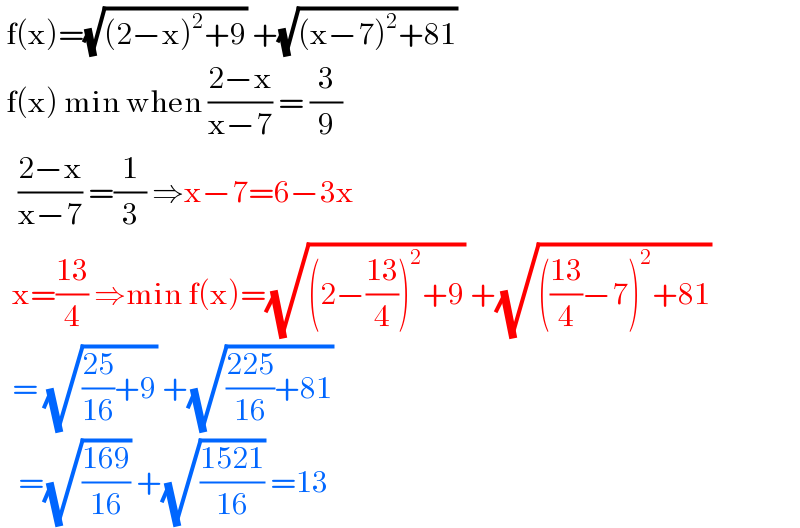  f(x)=(√((2−x)^2 +9)) +(√((x−7)^2 +81))   f(x) min when ((2−x)/(x−7)) = (3/9)     ((2−x)/(x−7)) =(1/3) ⇒x−7=6−3x    x=((13)/4) ⇒min f(x)=(√((2−((13)/4))^2 +9)) +(√((((13)/4)−7)^2 +81))    = (√(((25)/(16))+9)) +(√(((225)/(16))+81))     =(√((169)/(16))) +(√((1521)/(16))) =13  