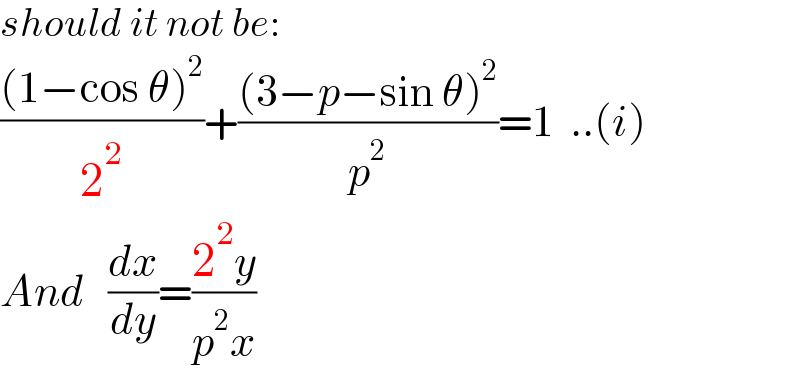 should it not be:  (((1−cos θ)^2 )/2^2 )+(((3−p−sin θ)^2 )/p^2 )=1  ..(i)  And   (dx/dy)=((2^2 y)/(p^2 x))  