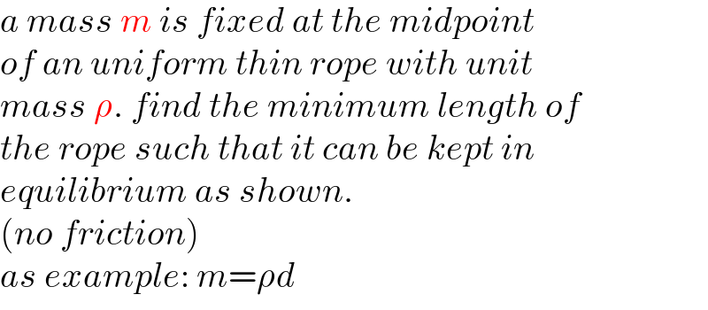 a mass m is fixed at the midpoint  of an uniform thin rope with unit   mass ρ. find the minimum length of  the rope such that it can be kept in   equilibrium as shown.   (no friction)  as example: m=ρd  