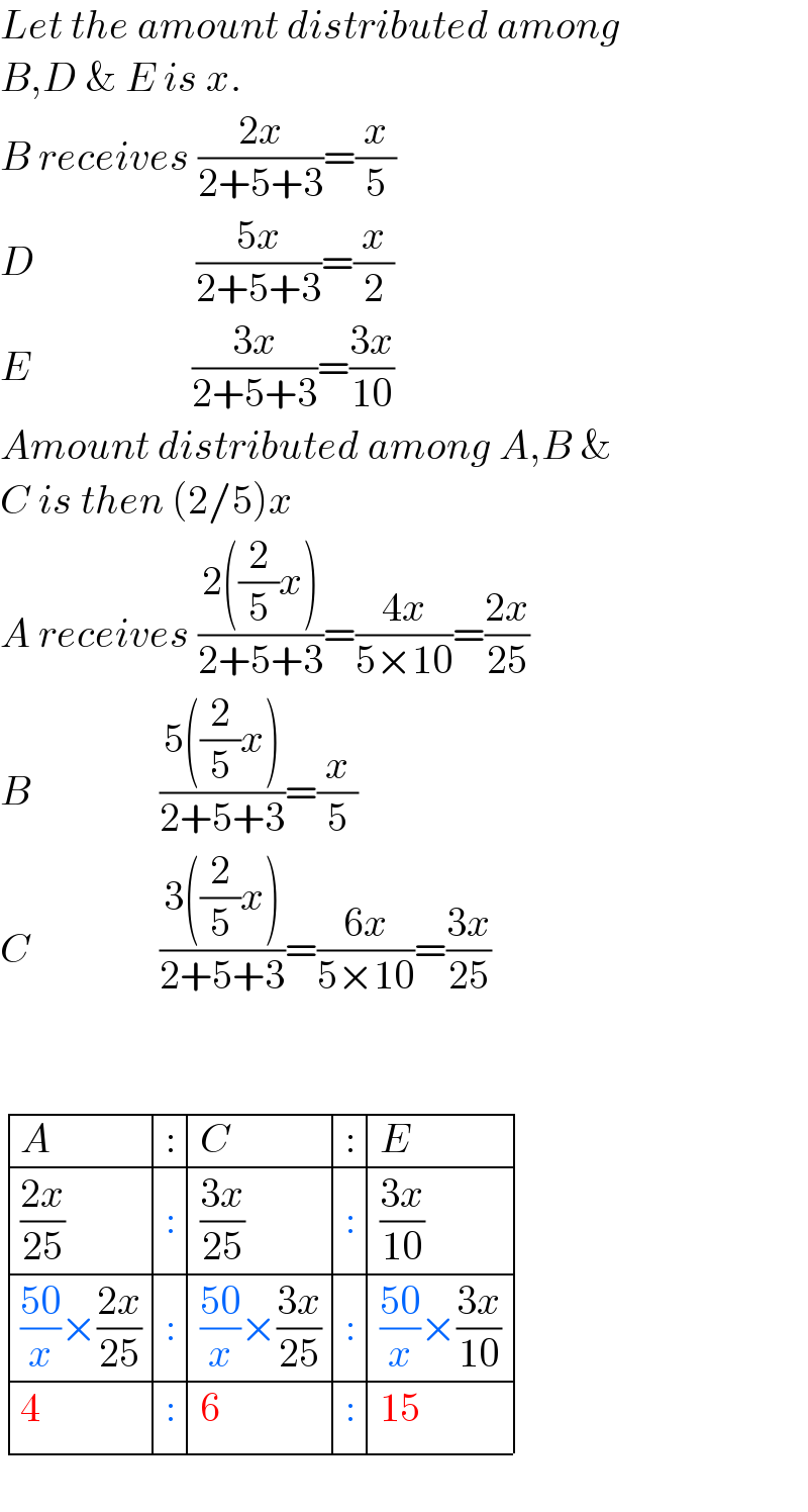 Let the amount distributed among  B,D & E is x.  B receives ((2x)/(2+5+3))=(x/5)  D                    ((5x)/(2+5+3))=(x/2)  E                    ((3x)/(2+5+3))=((3x)/(10))  Amount distributed among A,B &  C is then (2/5)x  A receives ((2((2/5)x))/(2+5+3))=((4x)/(5×10))=((2x)/(25))  B                ((5((2/5)x))/(2+5+3))=(x/5)  C                ((3((2/5)x))/(2+5+3))=((6x)/(5×10))=((3x)/(25))         determinant ((A,:,C,:,E),(((2x)/(25)),:,((3x)/(25)),:,((3x)/(10))),((((50)/x)×((2x)/(25))),:,(((50)/x)×((3x)/(25))),:,(((50)/x)×((3x)/(10)))),(4,:,6,:,(15)))      