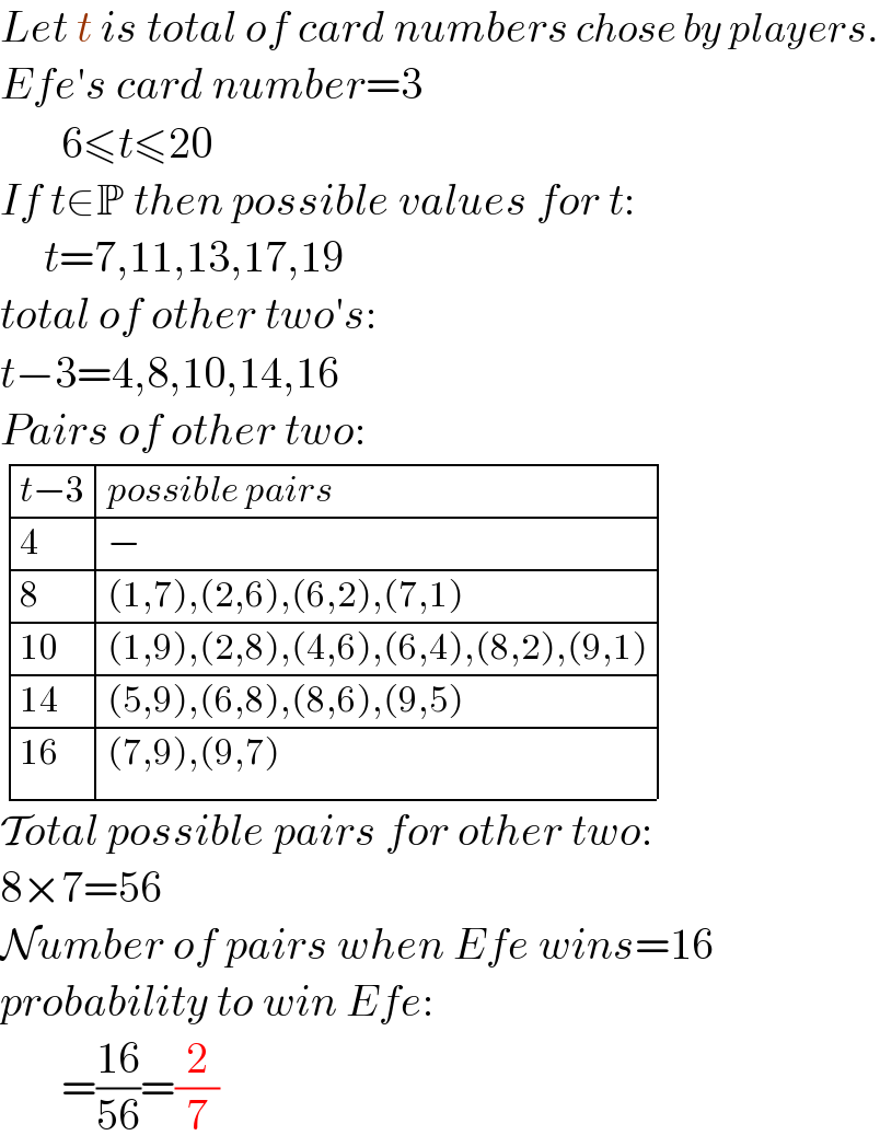 Let t is total of card numbers chose by players.  Efe′s card number=3         6≤t≤20  If t∈P then possible values for t:       t=7,11,13,17,19  total of other two′s:  t−3=4,8,10,14,16  Pairs of other two:   determinant (((t−3),(possible pairs)),(4,−),(8,((1,7),(2,6),(6,2),(7,1))),((10),((1,9),(2,8),(4,6),(6,4),(8,2),(9,1))),((14),((5,9),(6,8),(8,6),(9,5))),((16),((7,9),(9,7))))  Total possible pairs for other two:  8×7=56  Number of pairs when Efe wins=16  probability to win Efe:         =((16)/(56))=(2/7)  