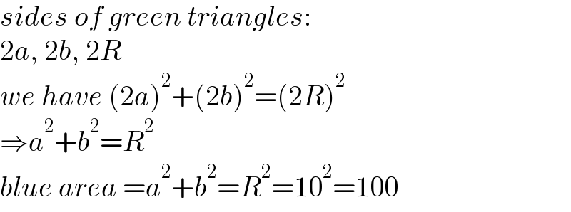 sides of green triangles:  2a, 2b, 2R  we have (2a)^2 +(2b)^2 =(2R)^2   ⇒a^2 +b^2 =R^2   blue area =a^2 +b^2 =R^2 =10^2 =100  