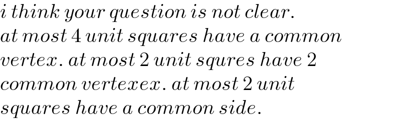 i think your question is not clear.  at most 4 unit squares have a common  vertex. at most 2 unit squres have 2  common vertexex. at most 2 unit  squares have a common side.  