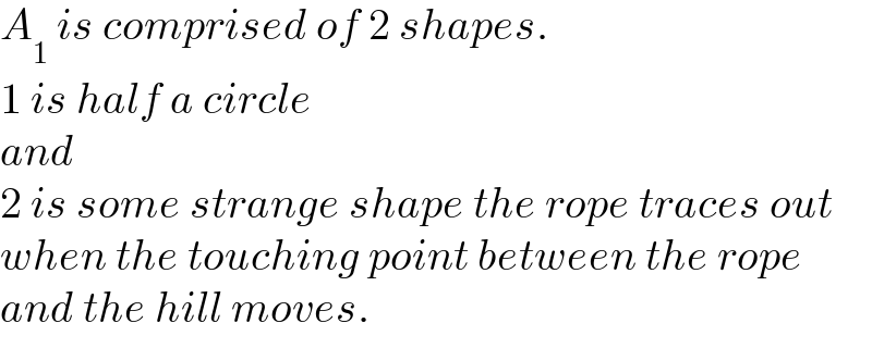 A_1  is comprised of 2 shapes.  1 is half a circle  and  2 is some strange shape the rope traces out  when the touching point between the rope  and the hill moves.  