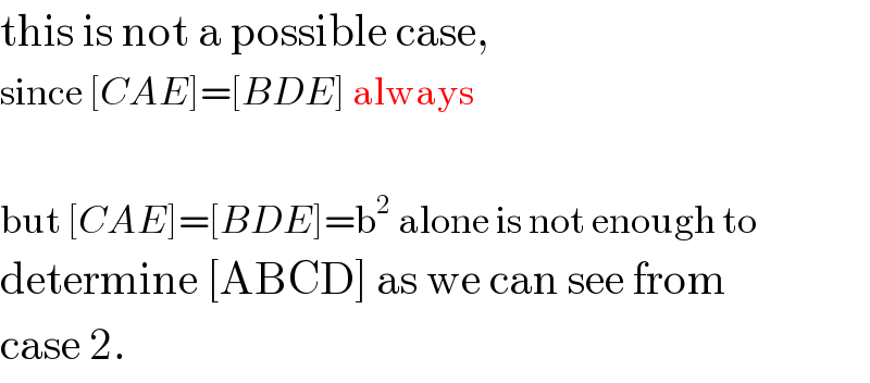 this is not a possible case,  since [CAE]=[BDE] always    but [CAE]=[BDE]=b^2  alone is not enough to  determine [ABCD] as we can see from  case 2.  