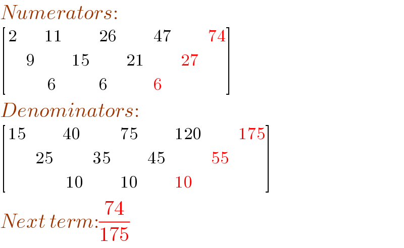 Numerators:   [(2, ,(11), ,(26), ,(47), ,(74)),( ,9, ,(15), ,(21), ,(27), ),( , ,( 6), ,6, ,6, , ) ]    Denominators:   [((15), ,(40), ,(75), ,(120), ,(175)),( ,(25), ,(35), ,(45), ,(55), ),( , ,( 10), ,(10), ,(10), , ) ]   Next term:((74)/(175))    