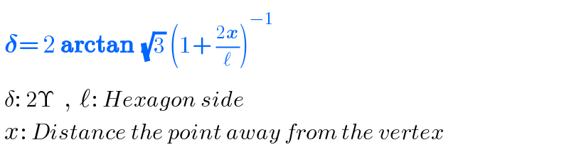   𝛅= 2 arctan  (√3) (1+ ((2x)/ℓ))^(−1)       δ: 2Υ  ,  ℓ: Hexagon side       x: Distance the point away from the vertex    