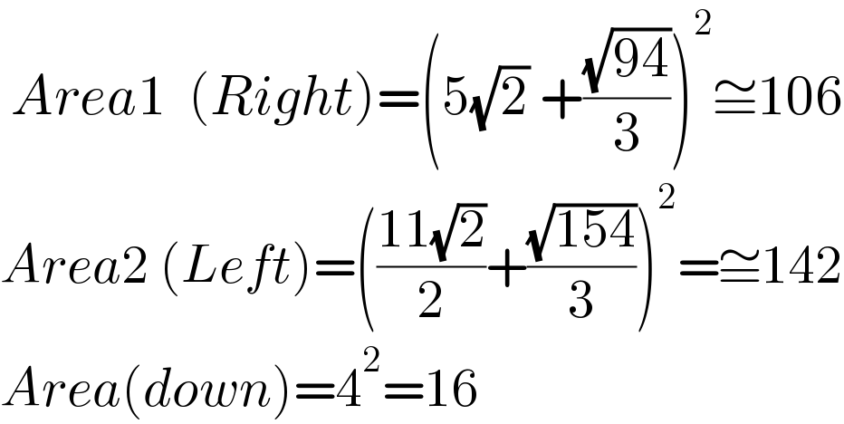  Area1  (Right)=(5(√2) +((√(94))/3))^2 ≅106  Area2 (Left)=(((11(√2))/2)+((√(154))/3))^2 =≅142  Area(down)=4^2 =16  