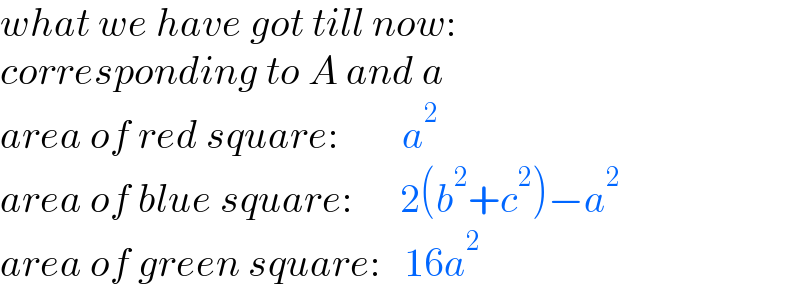 what we have got till now:  corresponding to A and a  area of red square:        a^2   area of blue square:      2(b^2 +c^2 )−a^2   area of green square:   16a^2   