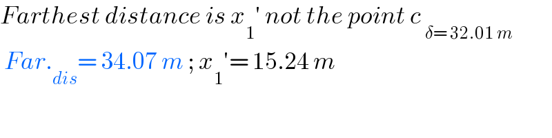 Farthest distance is x_1 ′ not the point c _(δ= 32.01 m)    Far._(dis) = 34.07 m ; x_1 ′= 15.24 m    
