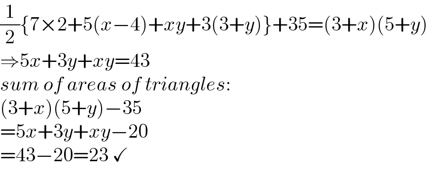 (1/2){7×2+5(x−4)+xy+3(3+y)}+35=(3+x)(5+y)  ⇒5x+3y+xy=43  sum of areas of triangles:  (3+x)(5+y)−35  =5x+3y+xy−20  =43−20=23 ✓  