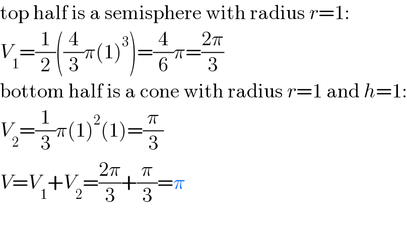 top half is a semisphere with radius r=1:  V_1 =(1/2)((4/3)π(1)^3 )=(4/6)π=((2π)/3)  bottom half is a cone with radius r=1 and h=1:  V_2 =(1/3)π(1)^2 (1)=(π/3)  V=V_1 +V_2 =((2π)/3)+(π/3)=π    