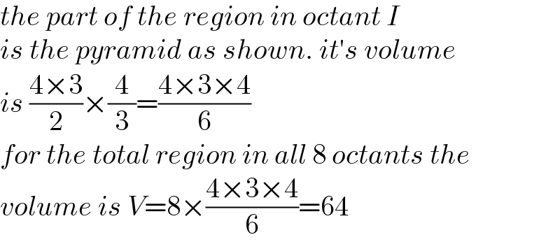 the part of the region in octant I  is the pyramid as shown. it′s volume  is ((4×3)/2)×(4/3)=((4×3×4)/6)  for the total region in all 8 octants the  volume is V=8×((4×3×4)/6)=64  