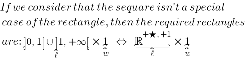 If we consider that the sequare isn′t a special   case of the rectangle, then the required rectangles   are: ]0, 1[ ∪ ]1, +∞[_(ℓ)  × 1_(w)     ⇔    R^(+★, +1) _(ℓ)  × 1_(w)   