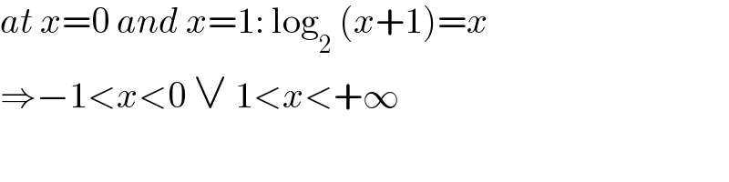 at x=0 and x=1: log_2  (x+1)=x  ⇒−1<x<0 ∨ 1<x<+∞  