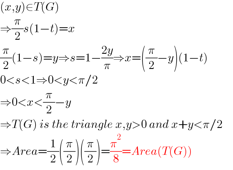 (x,y)∈T(G)  ⇒(π/2)s(1−t)=x  (π/2)(1−s)=y⇒s=1−((2y)/π)⇒x=((π/2)−y)(1−t)  0<s<1⇒0<y<π/2  ⇒0<x<(π/2)−y  ⇒T(G) is the triangle x,y>0 and x+y<π/2  ⇒Area=(1/2)((π/2))((π/2))=(π^2 /8)=Area(T(G))  