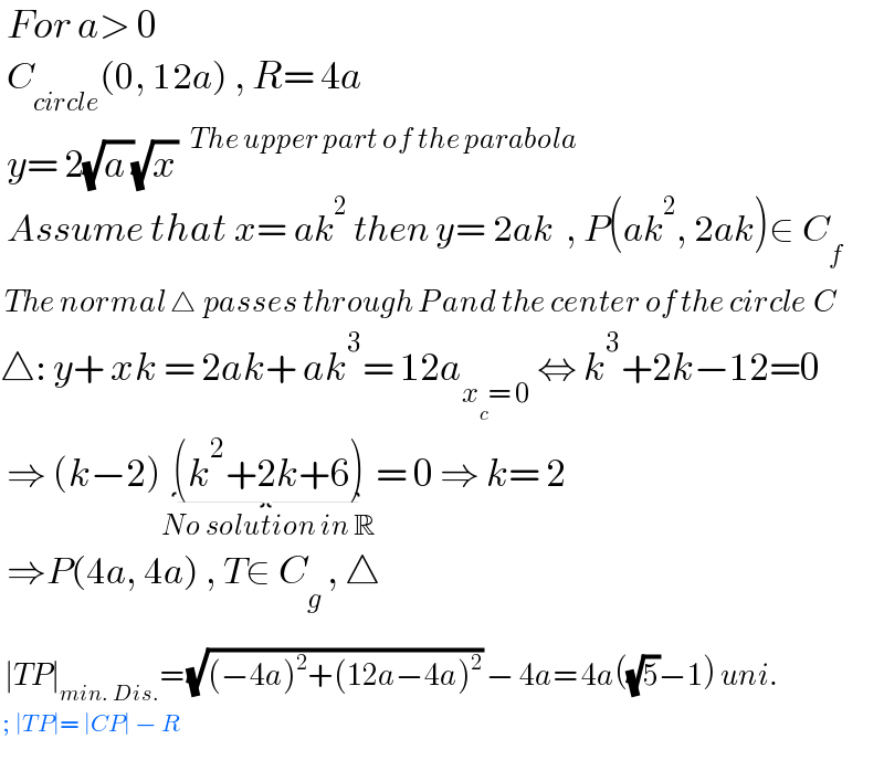  For a> 0   C_(circle) (0, 12a) , R= 4a   y= 2(√(a ))(√x) ^(The upper part of the parabola)    Assume that x= ak^2  then y= 2ak  , P(ak^2 , 2ak)∈ C_f    The normal △ passes through P and the center of the circle C  △: y+ xk = 2ak+ ak^3 = 12a_(x_c = 0)  ⇔ k^3 +2k−12=0   ⇒ (k−2)(k^2 +2k+6)_(No solution in R) = 0 ⇒ k= 2   ⇒P(4a, 4a) , T∈ C_g  , △     ∣TP∣_(min. Dis.) = (√((−4a)^2 +(12a−4a)^2 )) − 4a= 4a((√5)−1) uni.   ; ∣TP∣= ∣CP∣ − R    
