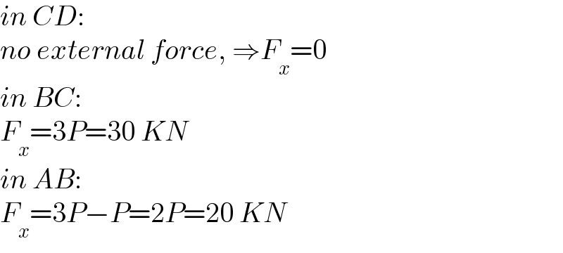 in CD:   no external force, ⇒F_x =0  in BC:  F_x =3P=30 KN  in AB:  F_x =3P−P=2P=20 KN  