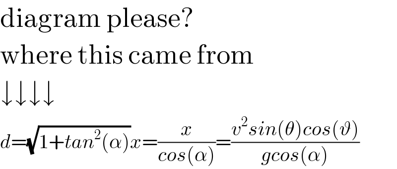 diagram please?  where this came from  ↓↓↓↓  d=(√(1+tan^2 (α)))x=(x/(cos(α)))=((v^2 sin(θ)cos(ϑ))/(gcos(α)))  