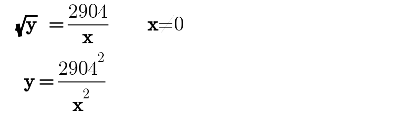     (√y)   = ((2904)/x)          x≠0        y = ((2904^2 )/x^2 )  