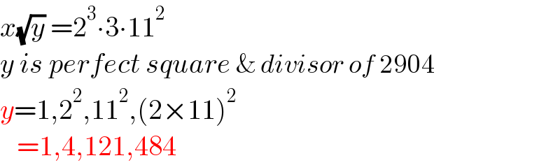 x(√y) =2^3 ∙3∙11^2   y is perfect square & divisor of 2904  y=1,2^2 ,11^2 ,(2×11)^2      =1,4,121,484  