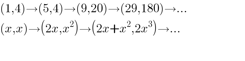 (1,4)→(5,4)→(9,20)→(29,180)→...  (x,x)→(2x,x^2 )→(2x+x^2 ,2x^3 )→...  