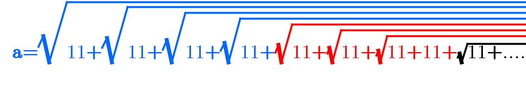   a=(√(11+(√(11+(√(11+(√(11+(√(11+(√(11+(√(11+11+(√(11+....))))))))))))))))  