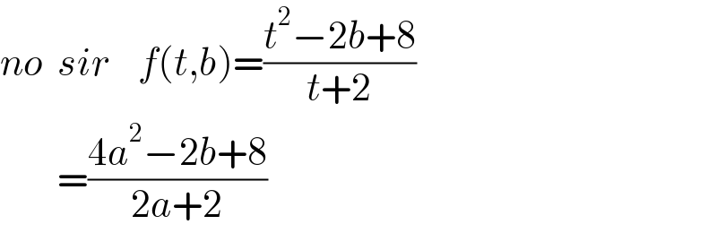 no  sir    f(t,b)=((t^2 −2b+8)/(t+2))          =((4a^2 −2b+8)/(2a+2))  