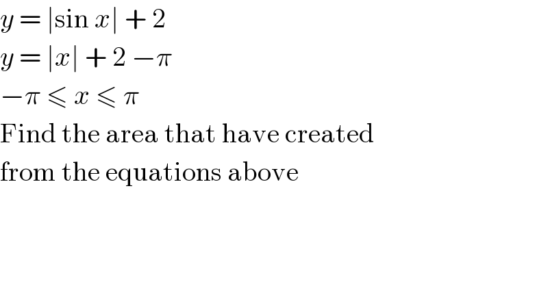 y = ∣sin x∣ + 2  y = ∣x∣ + 2 −π  −π ≤ x ≤ π  Find the area that have created  from the equations above  