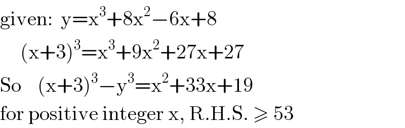 given:  y=x^3 +8x^2 −6x+8       (x+3)^3 =x^3 +9x^2 +27x+27  So    (x+3)^3 −y^3 =x^2 +33x+19  for positive integer x, R.H.S. ≥ 53  
