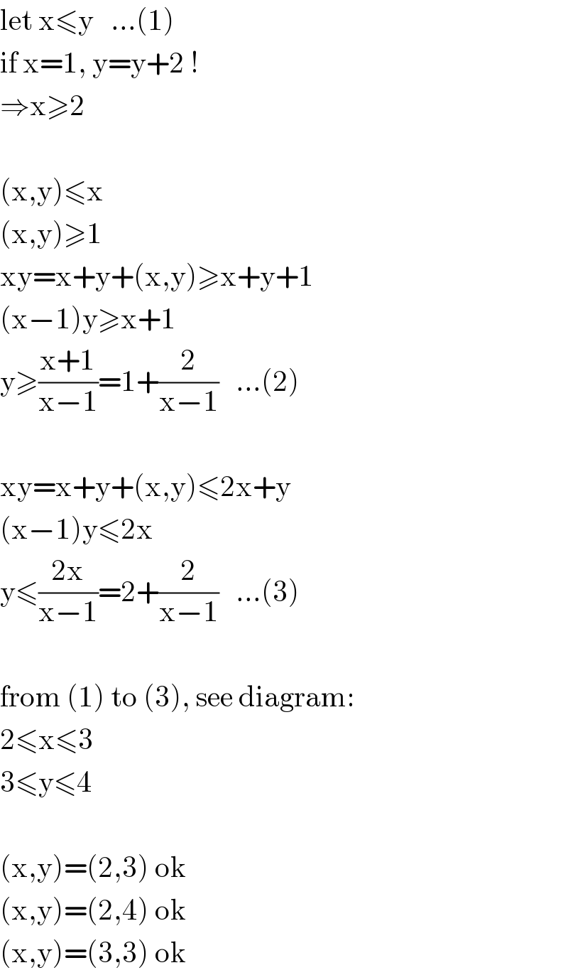 let x≤y   ...(1)  if x=1, y=y+2 !  ⇒x≥2    (x,y)≤x  (x,y)≥1  xy=x+y+(x,y)≥x+y+1  (x−1)y≥x+1  y≥((x+1)/(x−1))=1+(2/(x−1))   ...(2)    xy=x+y+(x,y)≤2x+y  (x−1)y≤2x  y≤((2x)/(x−1))=2+(2/(x−1))   ...(3)    from (1) to (3), see diagram:  2≤x≤3  3≤y≤4    (x,y)=(2,3) ok  (x,y)=(2,4) ok  (x,y)=(3,3) ok  