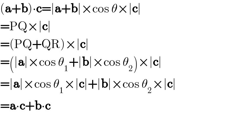 (a+b)∙c=∣a+b∣×cos θ×∣c∣  =PQ×∣c∣  =(PQ+QR)×∣c∣  =(∣a∣×cos θ_1 +∣b∣×cos θ_2 )×∣c∣  =∣a∣×cos θ_1 ×∣c∣+∣b∣×cos θ_2 ×∣c∣  =a∙c+b∙c  