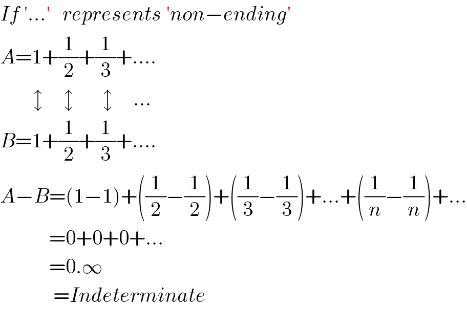 If ′...′   represents ′non−ending′    A=1+(1/2)+(1/3)+....          ↕     ↕       ↕     ...   B=1+(1/2)+(1/3)+....  A−B=(1−1)+((1/2)−(1/2))+((1/3)−(1/3))+...+((1/n)−(1/n))+...              =0+0+0+...              =0.∞               =Indeterminate  