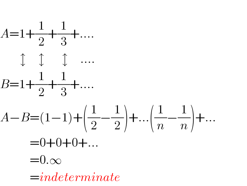   A=1+(1/2)+(1/3)+....          ↕     ↕       ↕     ....  B=1+(1/2)+(1/3)+....  A−B=(1−1)+((1/2)−(1/2))+...((1/n)−(1/n))+...              =0+0+0+...              =0.∞              =indeterminate   