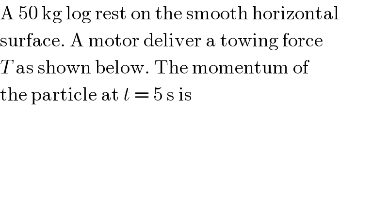 A 50 kg log rest on the smooth horizontal  surface. A motor deliver a towing force  T as shown below. The momentum of  the particle at t = 5 s is  