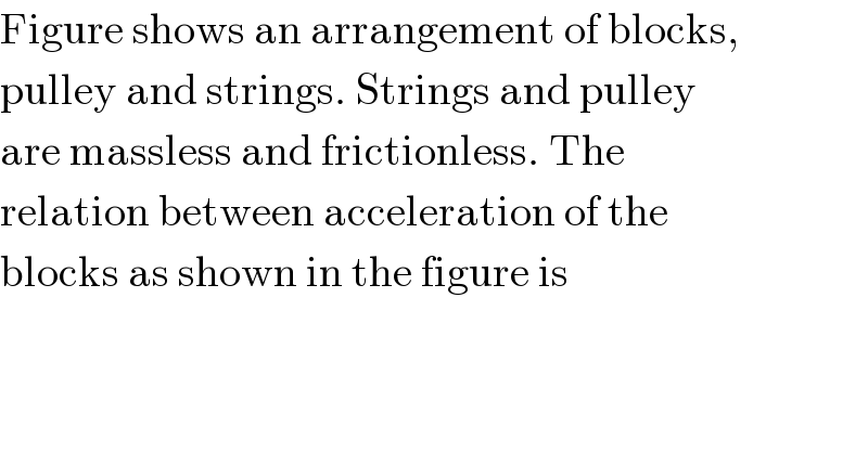 Figure shows an arrangement of blocks,  pulley and strings. Strings and pulley  are massless and frictionless. The  relation between acceleration of the  blocks as shown in the figure is  