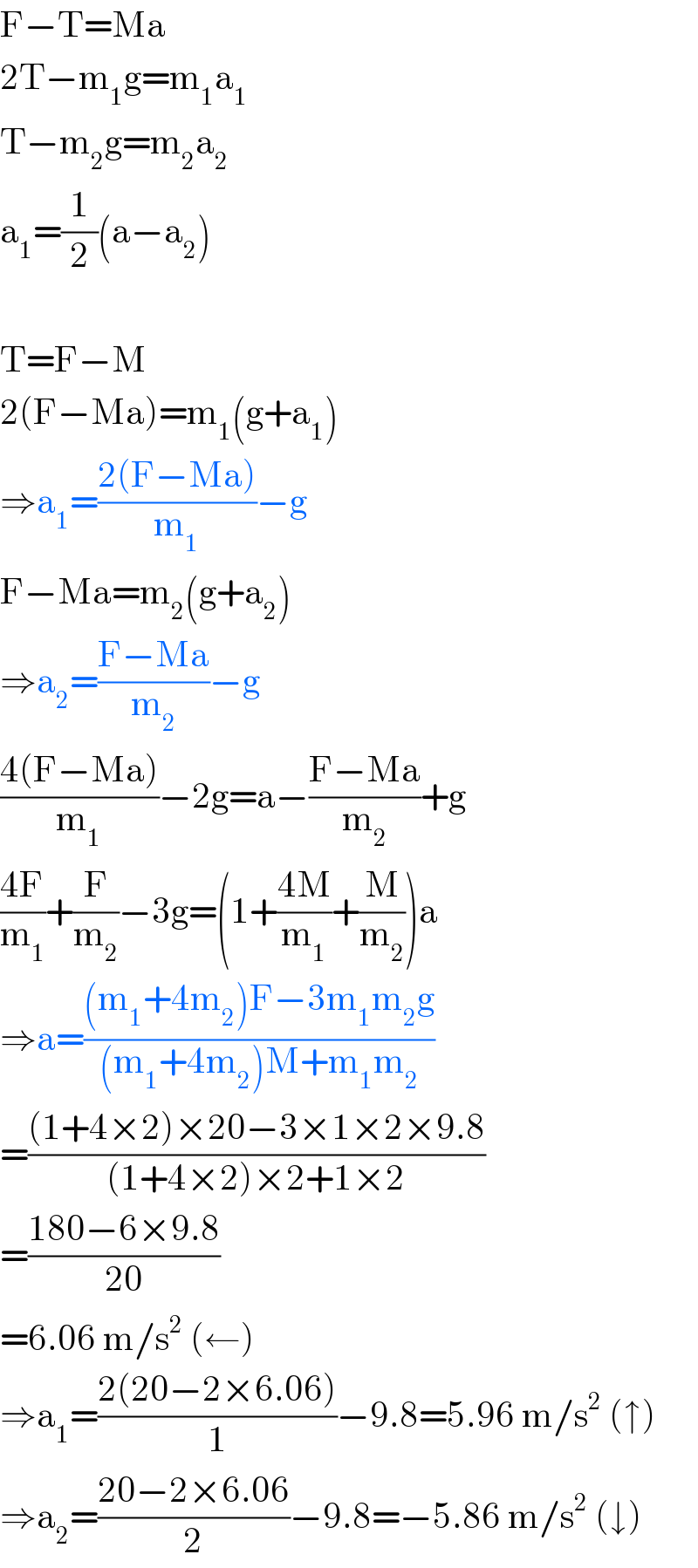F−T=Ma  2T−m_1 g=m_1 a_1   T−m_2 g=m_2 a_2   a_1 =(1/2)(a−a_2 )    T=F−M  2(F−Ma)=m_1 (g+a_1 )  ⇒a_1 =((2(F−Ma))/m_1 )−g  F−Ma=m_2 (g+a_2 )  ⇒a_2 =((F−Ma)/m_2 )−g  ((4(F−Ma))/m_1 )−2g=a−((F−Ma)/m_2 )+g  ((4F)/m_1 )+(F/m_2 )−3g=(1+((4M)/m_1 )+(M/m_2 ))a  ⇒a=(((m_1 +4m_2 )F−3m_1 m_2 g)/((m_1 +4m_2 )M+m_1 m_2 ))  =(((1+4×2)×20−3×1×2×9.8)/((1+4×2)×2+1×2))  =((180−6×9.8)/(20))  =6.06 m/s^2  (←)  ⇒a_1 =((2(20−2×6.06))/1)−9.8=5.96 m/s^2  (↑)  ⇒a_2 =((20−2×6.06)/2)−9.8=−5.86 m/s^2  (↓)  
