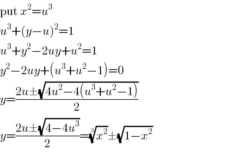 put x^2 =u^3   u^3 +(y−u)^2 =1  u^3 +y^2 −2uy+u^2 =1  y^2 −2uy+(u^3 +u^2 −1)=0  y=((2u±(√(4u^2 −4(u^3 +u^2 −1))))/2)  y=((2u±(√(4−4u^3 )))/2)=(x^2 )^(1/3) ±(√(1−x^2 ))  
