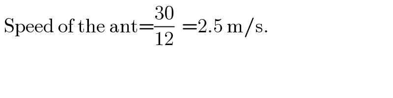  Speed of the ant=((30)/(12))  =2.5 m/s.  