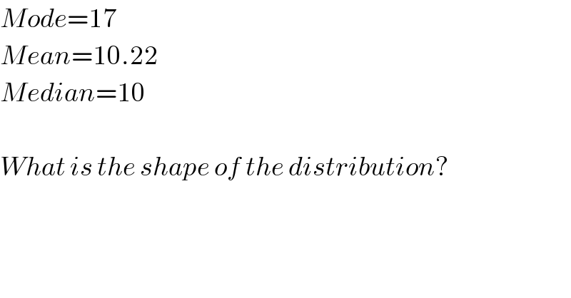 Mode=17  Mean=10.22  Median=10    What is the shape of the distribution?  