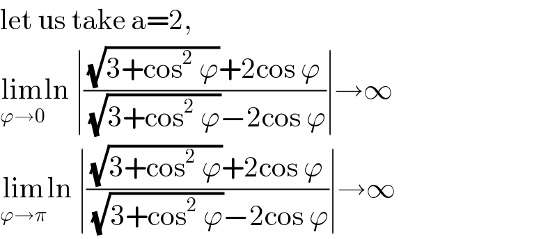 let us take a=2,  lim_(ϕ→0) ln ∣(((√(3+cos^2  ϕ))+2cos ϕ)/((√(3+cos^2  ϕ))−2cos ϕ))∣→∞  lim_(ϕ→π) ln ∣(((√(3+cos^2  ϕ))+2cos ϕ)/((√(3+cos^2  ϕ))−2cos ϕ))∣→∞  